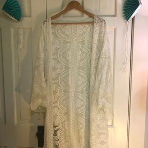 Cream white open front white lace cardigan kimono